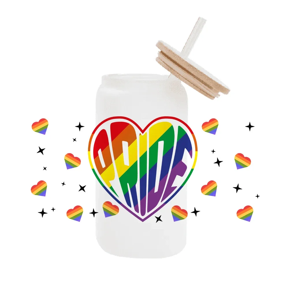 LGBTQ Rainbow Pride 3D UV DTF Wraps Transfer Sticker DIY For 16oz Libbey Glass Cup Waterproof Wrap Transfers Decals Coffee Cup