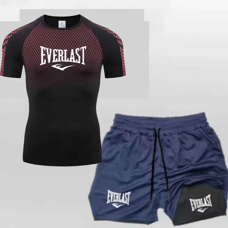 EVERLAST الرجال ضغط قميص + 2 في 1 السراويل الرياضية 2 قطعة مجموعة الترفيه التنفس قصيرة الأكمام الرياضة الركض رياضة العلامة التجارية ملابس منقوشة