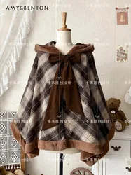 Lolita Plaid Plush Hooded Cape Coat Winter New Sweet Cute Bow Patchwork Loose Coat Women All Match Graceful Kawaii Shawl Jacket