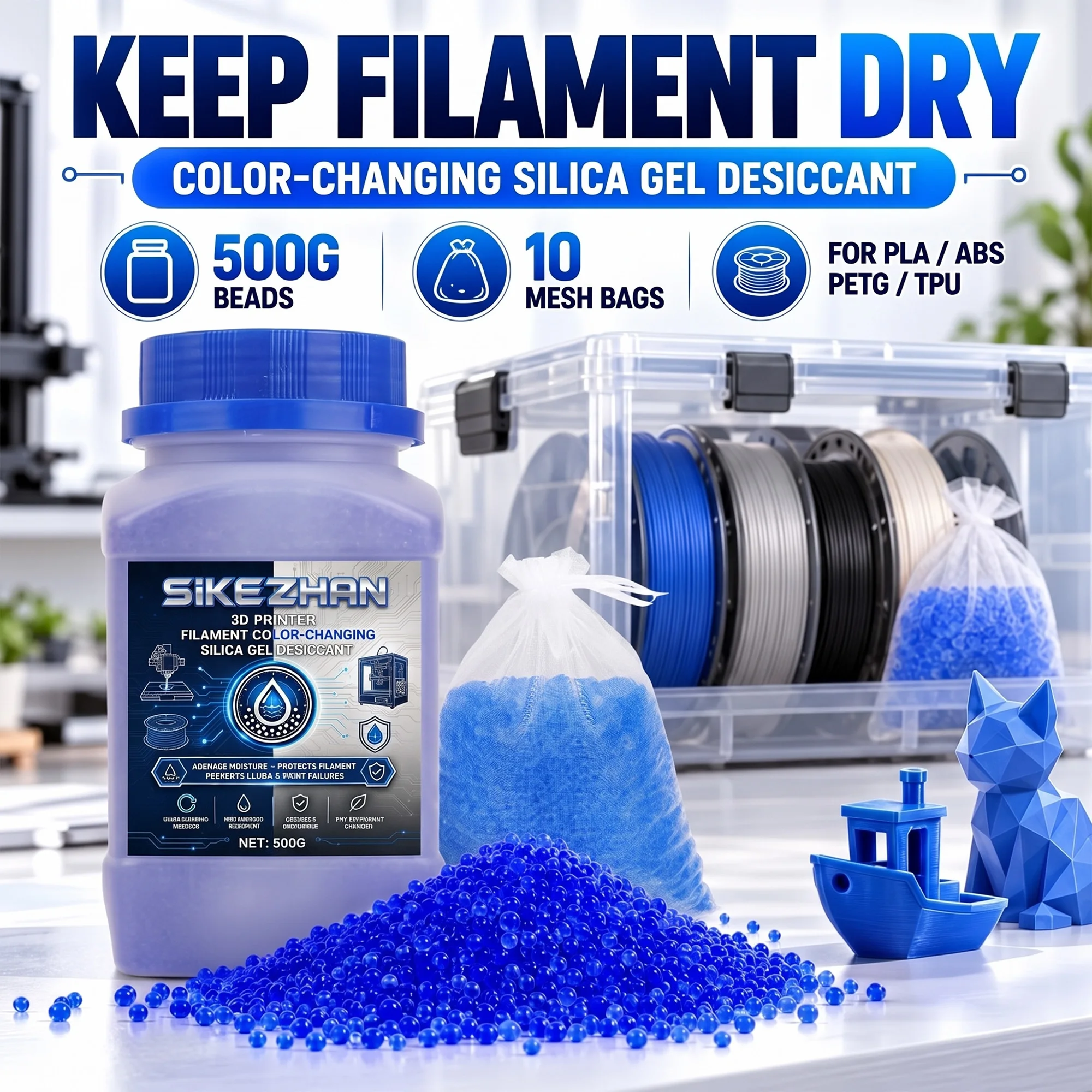 1000g 3D Printer Filament Desiccant Silica Gel Beads Color Changing Moisture Absorber with 20 Mesh Bags for PLA PETG ABS TPU