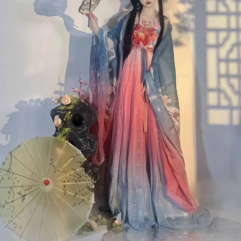 Chinese Hanfu Dress Women Costume Party Outfit Ancient Traditional Vintage Gradient Pink Blue Hanfu Dress