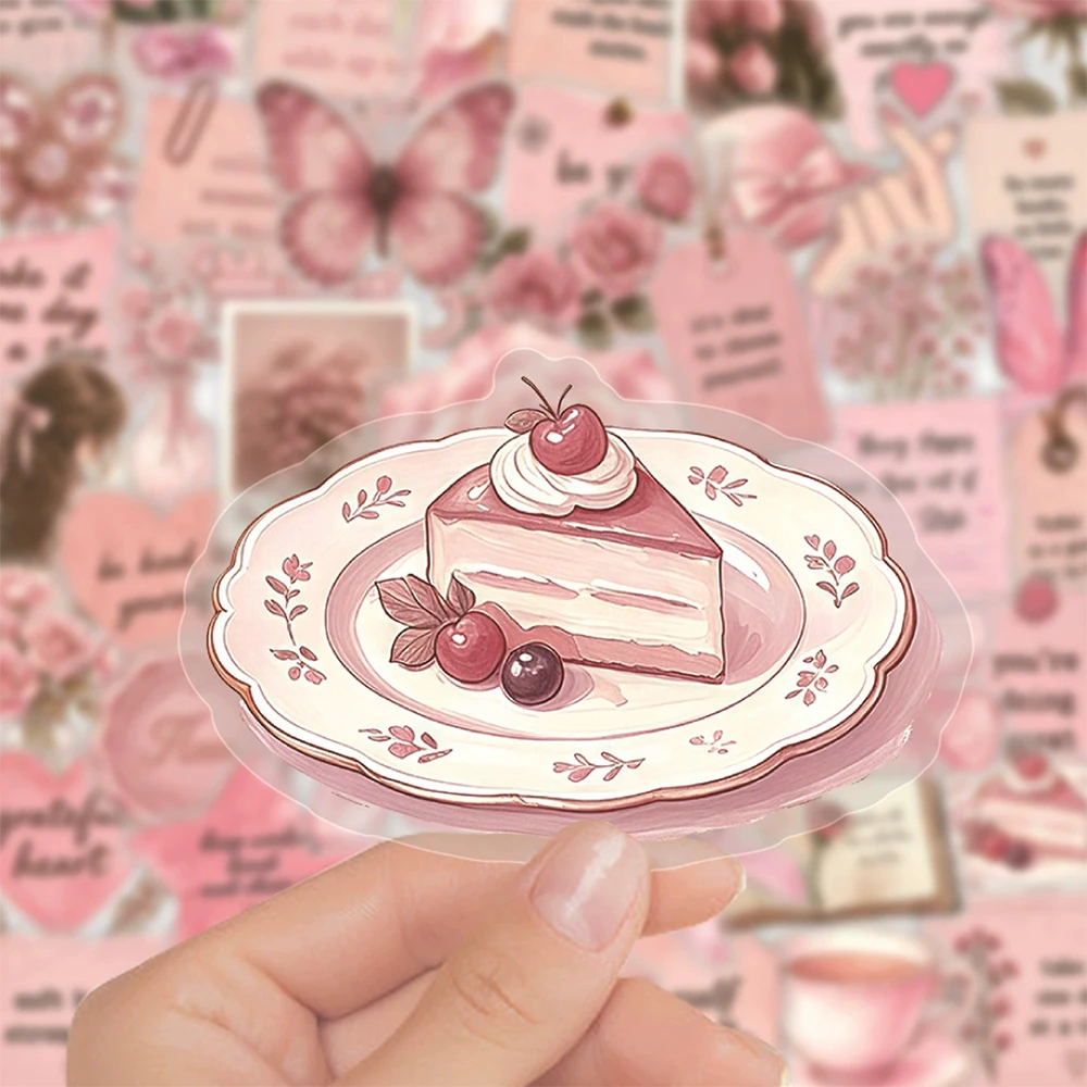 10/30/50pcs Pink Inspirational Phrase Label Stickers Aesthetic Flower Cartoon Sticker Luggage Scrapbook Phone Transparent Decals