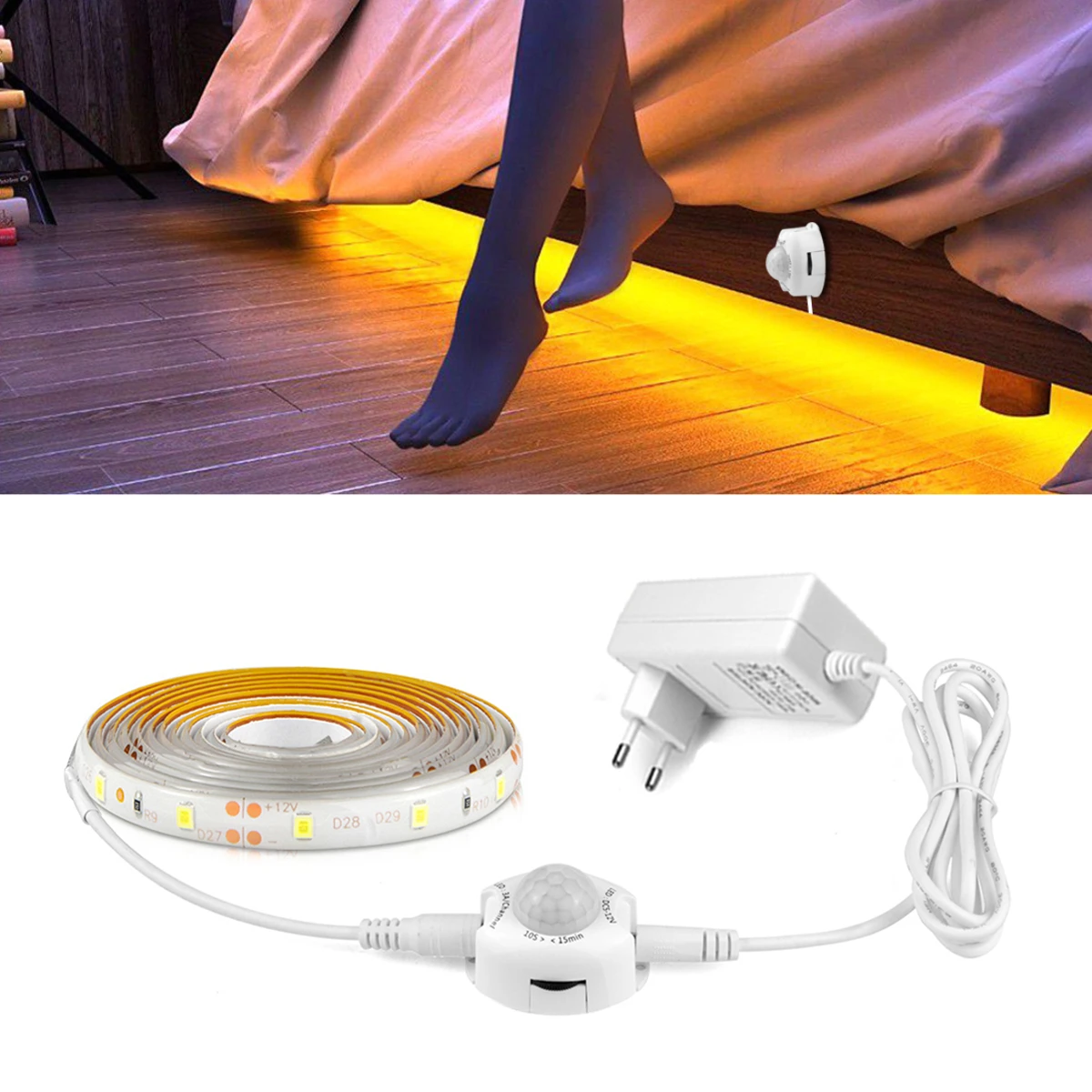 1-5m PIR Motion Sensor LED Strip Lights DC 12V Diode Tape Waterproof Auto On/Off Stairs Wardrobe Closet Kitchen Backlight Light