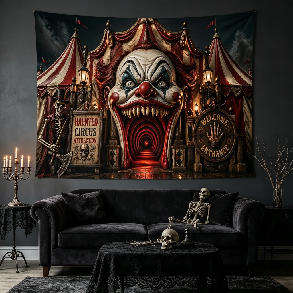 1PC Creepy Circus Entrance Horror Print Backdrop Banner, Bedroom Photo Background, Polyester, Halloween Party Decoration