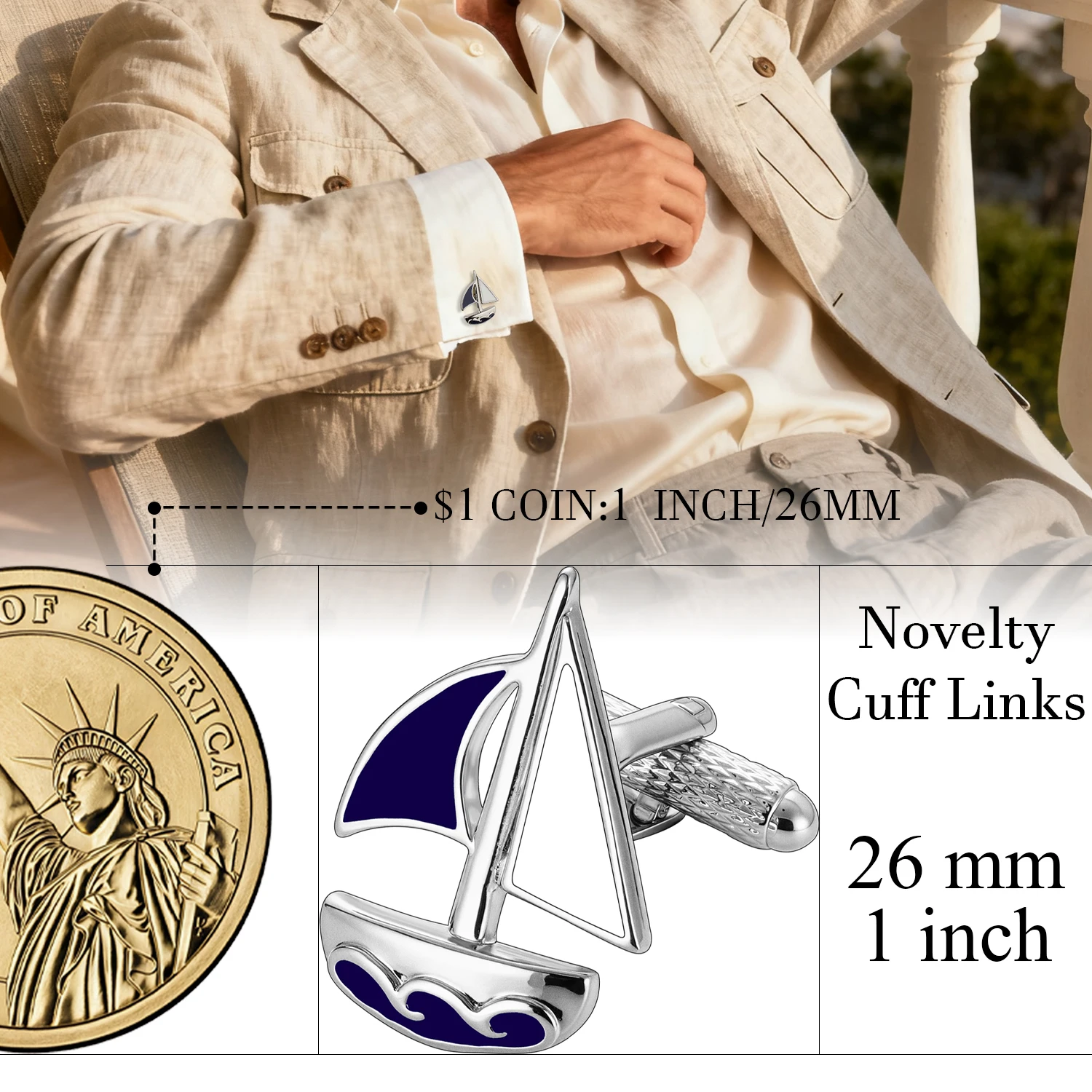 Hawson Sailboat Cuff Links Men's Silver Blue Enamel Cufflinks Nautical Style Tie Accessory for Party Beach Themed Events