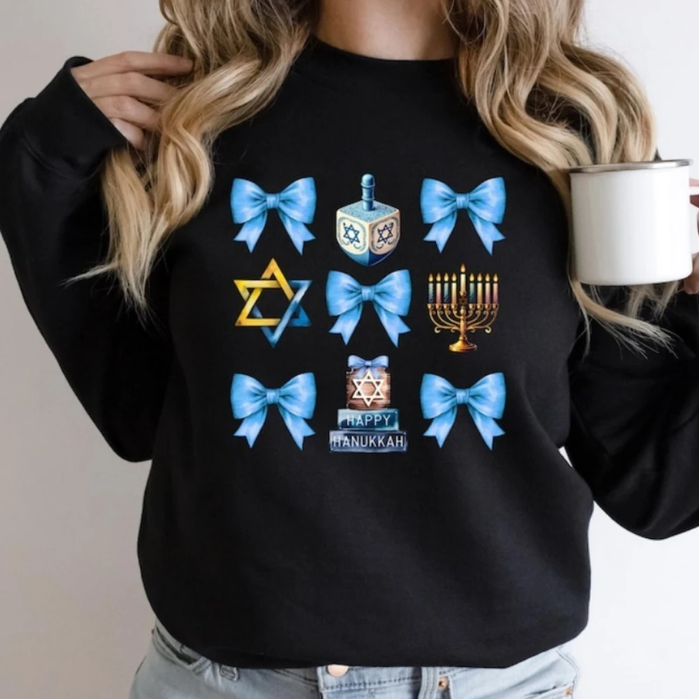 해피 하누카 스웨트셔츠 하누카 디너 후디 재미있는 유대인 가족 스웨트셔츠 드롭 숄더 트랙수트 여성 겨울 풀오버