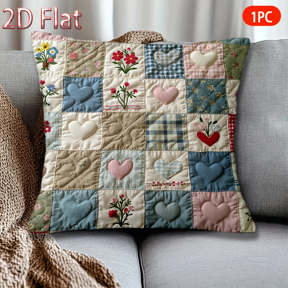 Doppelseitiger Vintage Patchwork Herz-Blumen Kissenbezug Boho Gesteppter Druck Weicher Zierkissenbezug für Heimdekoration Geschenk