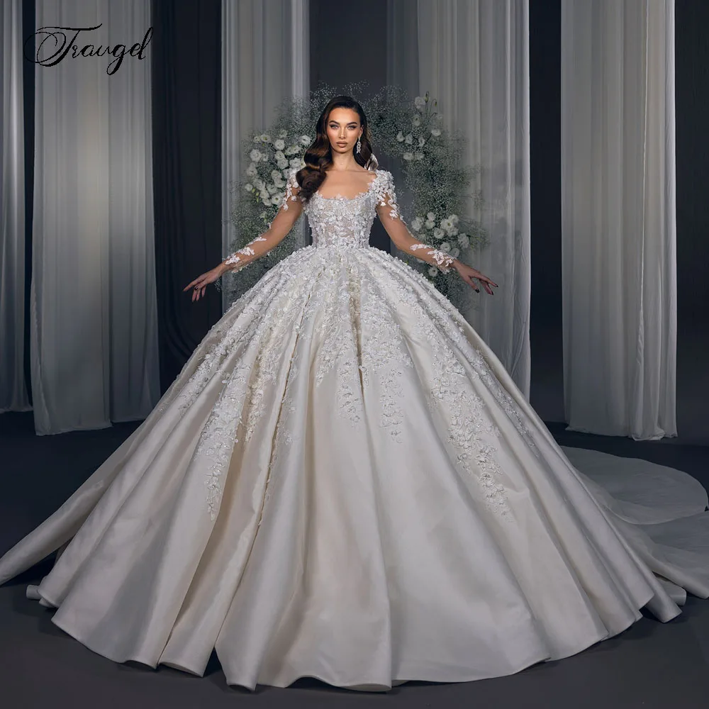 

Customized Scalloped Princess Ball Gown Wedding Dresses Lace Embroidery Vestido De Novia For Women Matte Satin Robe De Mariee