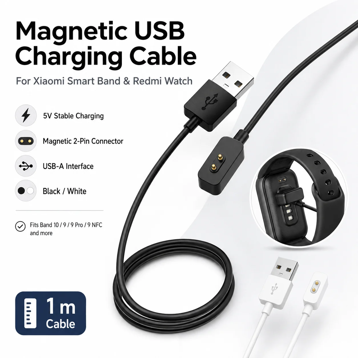 USB Magnetic Charging Cable for Xiaomi Smart Band 10 9 9 Pro 9 NFC Redmi Watch 5 4 3 Active Lite Replacement Charger
