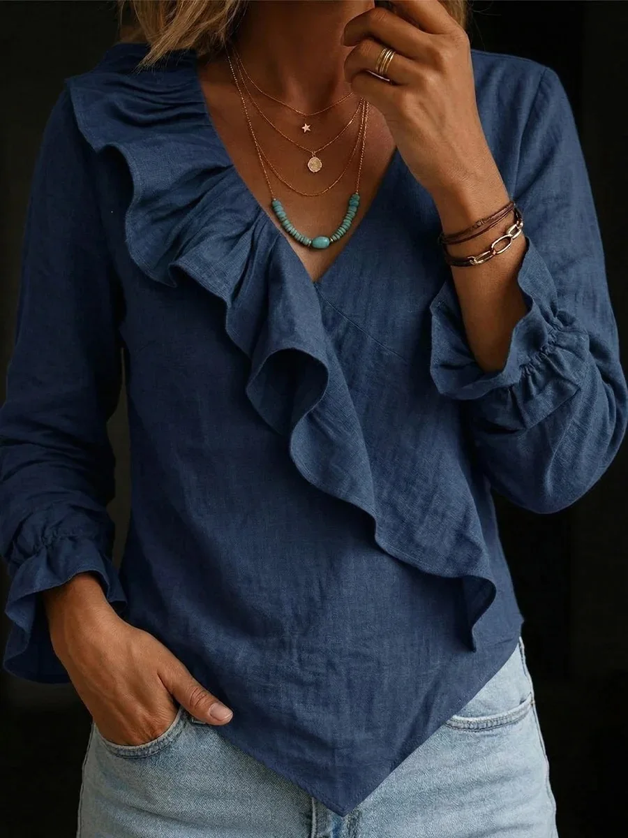 2026 New Women's Long Sleeve Solid Color V Neck Ruffle Trim Irregular Hem Blouse Elegant Commuter Versatile Daily Casual Shirt view 5