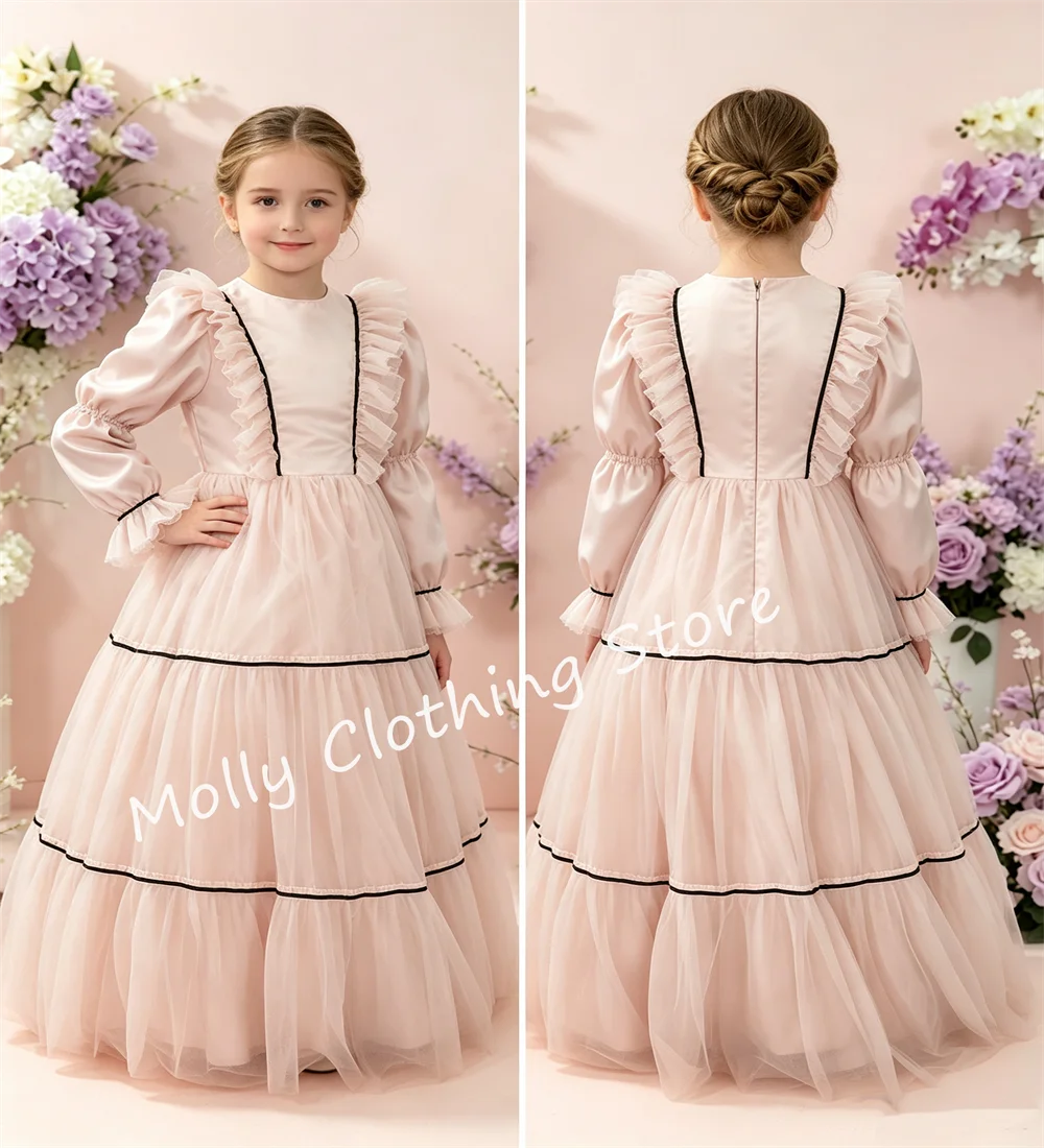 Pink Tulle Ruffles Girl Dresses for Wedding Prom Gown Full Sleeves Pleats Birthday Party Banquet Princess Girl Gowns