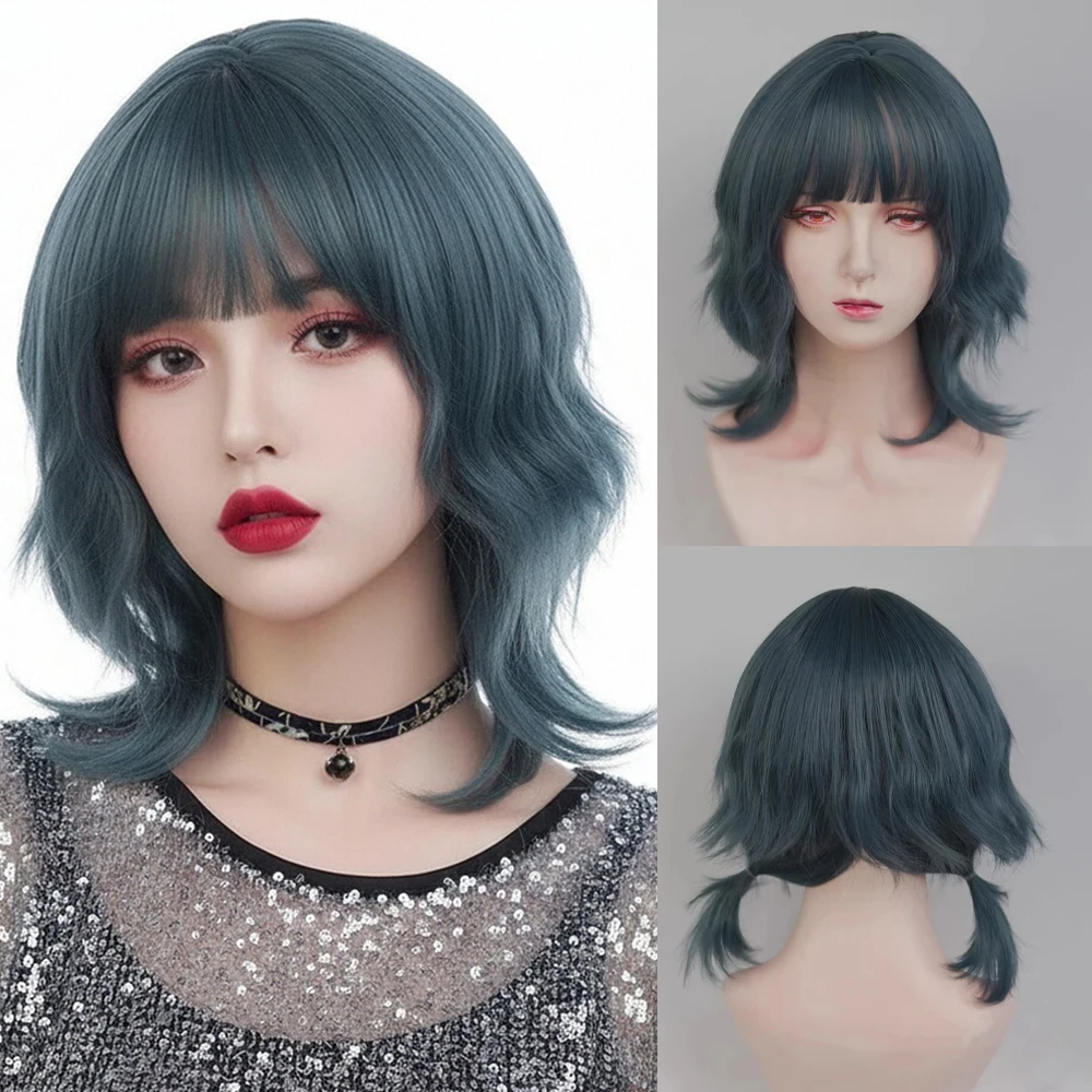 باروكة نسائية زرقاء صناعية قصيرة مموجة مع فرقعة لوليتا كوسبلاي للهالوين وعيد الميلاد كاجوال جلام #1