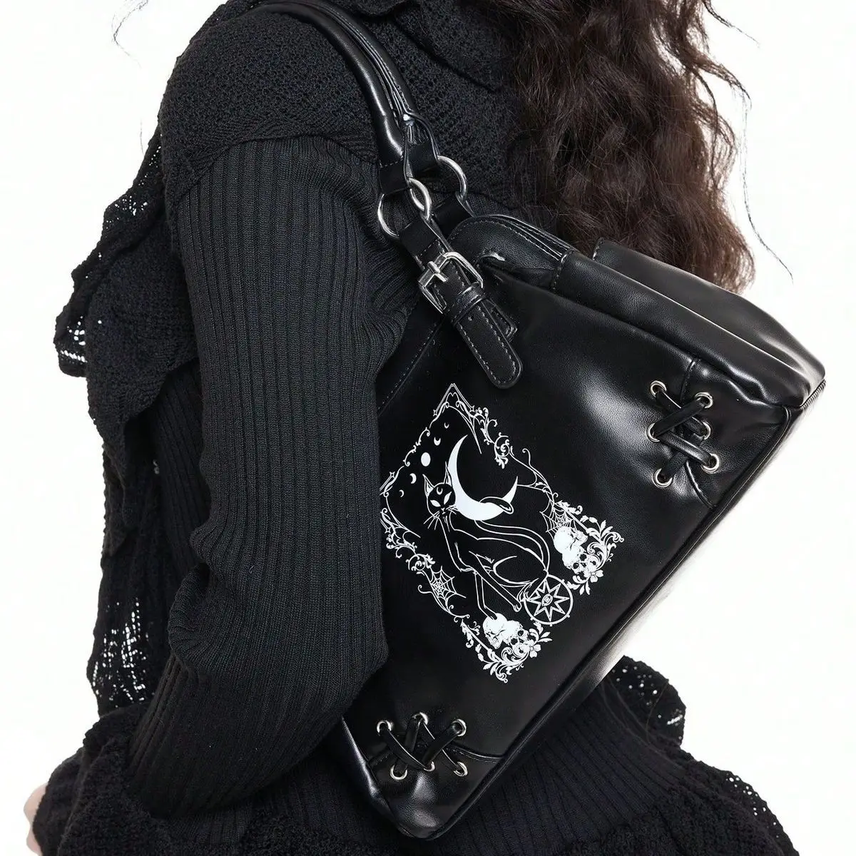 

Women Gothic Y2k Black Handbag 2025 New Leather Chic Cat Print Grunge Shoulder Bag Female Harajuku Aesthetic Handbags Motor Bags