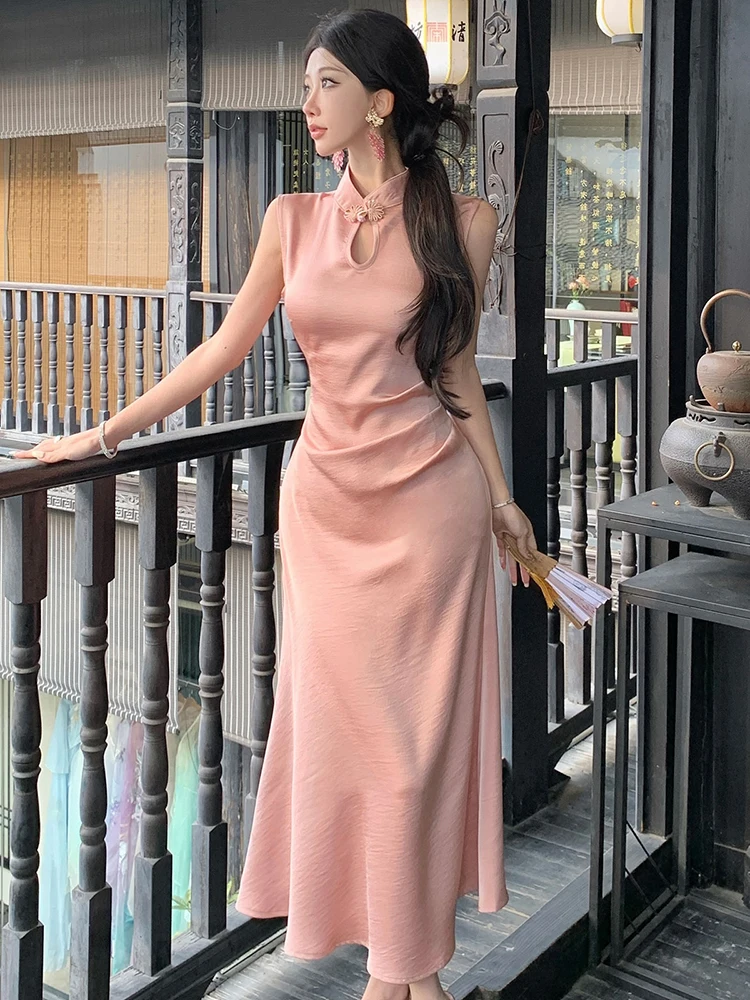 2025 ピンクアセテートサテンシックなノースリーブマキシドレス女性エレガントな高級フェスティバルイブニングドレス夏の韓国ボディコンウエディングドレス