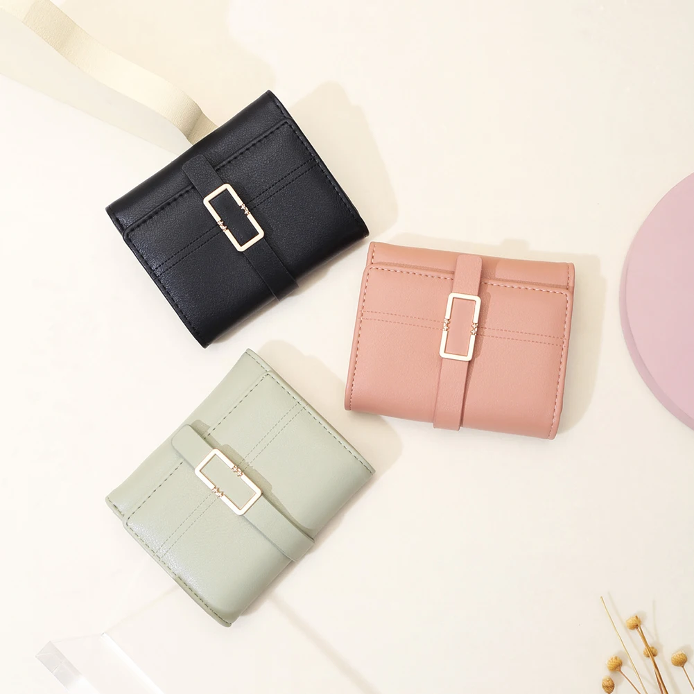 Three Folding Solid-Color Buckle Wallet Portable Wear-Resistant Coin Purse For Women Girls Female