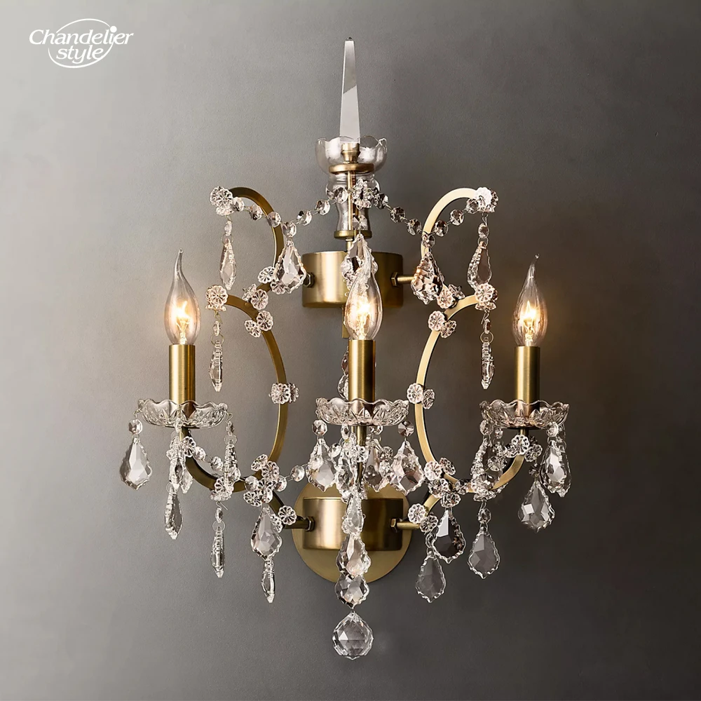 19th C. Rococo Iron & Clear Smoke Crystal Sconce Modern LED Wall Lamps Lustre Bedroom Corridor Living Room Indoor Lighting