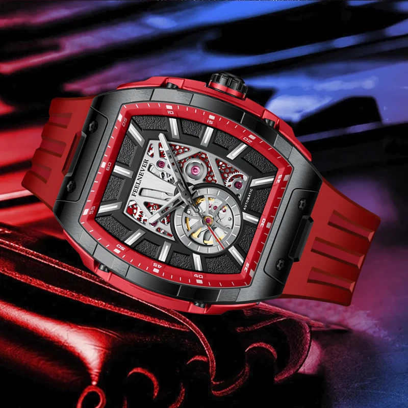 FeelNever Fashion Hollow Rectangular Automatic Mechanical Wristwatches Reloj Hombre Luxury Waterproof Luminous Men's Watches+Box