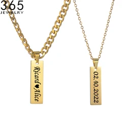 New Custom Rectangle Pendant Engraved Name Date Stainless Steel Cuban Chain Necklaces for Men Women Couple Personalized Jewelry