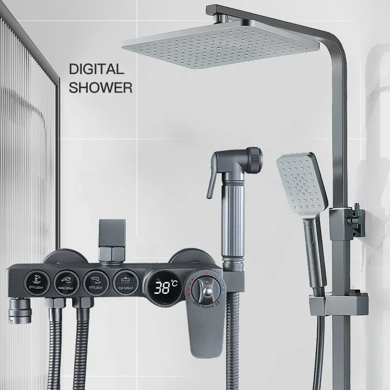 

Black Display Thermostatic Shower Faucet Set Rainfall Bathtub Tap With Bathroom Shelf Water Flow Produces Electricity