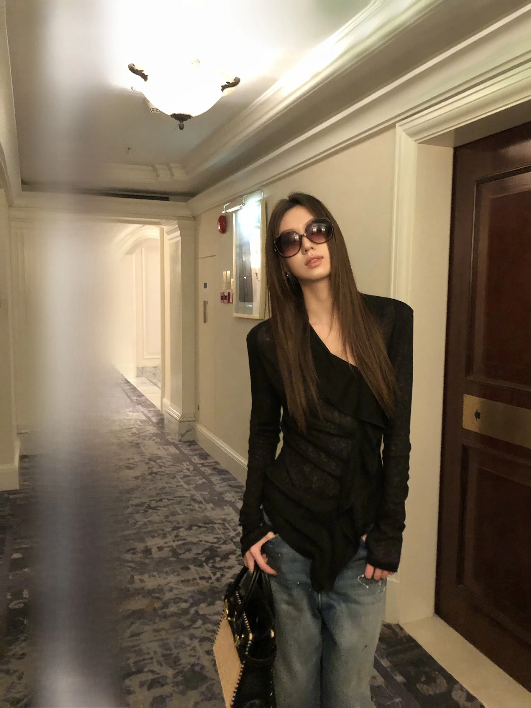 

Gakee Official Women's Knitted Hollow out Texture Irregular Ruffle V-Neck Casual Style Polyester Blend Long Sleeve Top