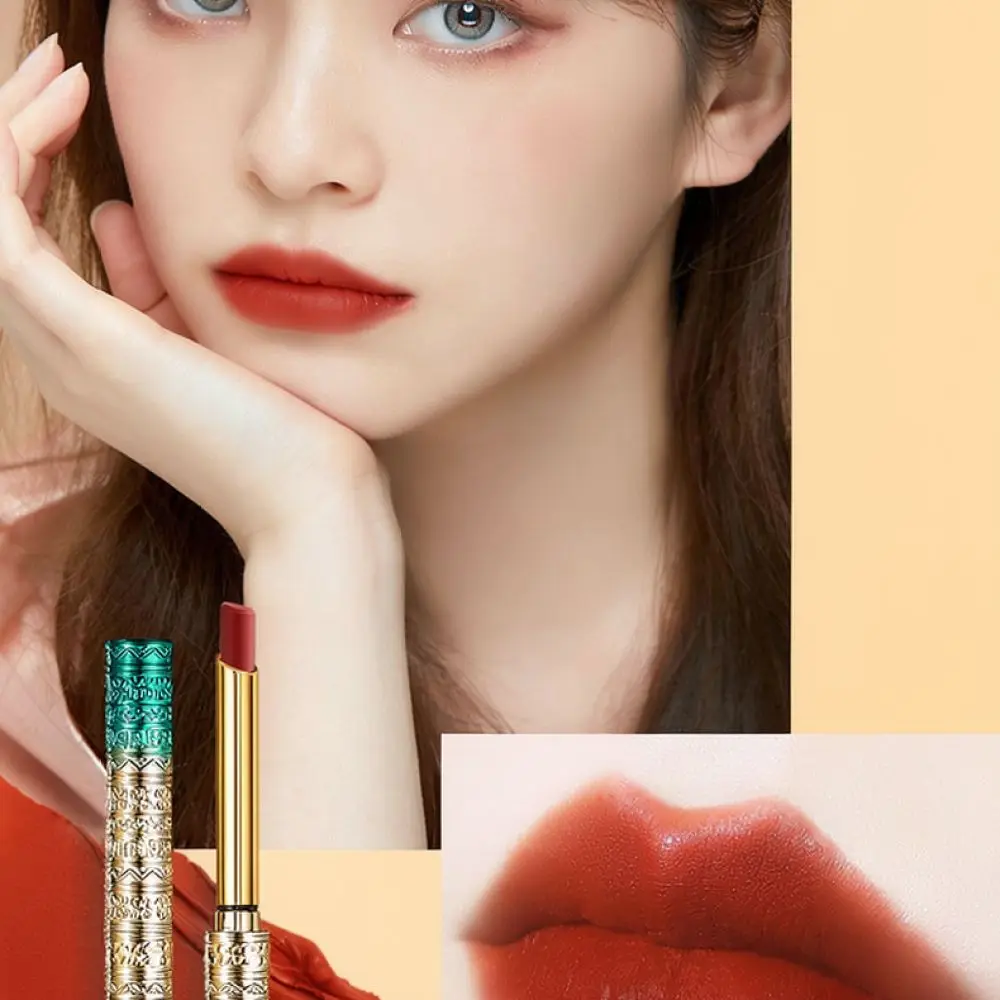 Slim Tube Matte Velvet Lipstick Retro Flower Carved Long Wearing Waterproof Lip Makeup Beauty Cosmetic Gift