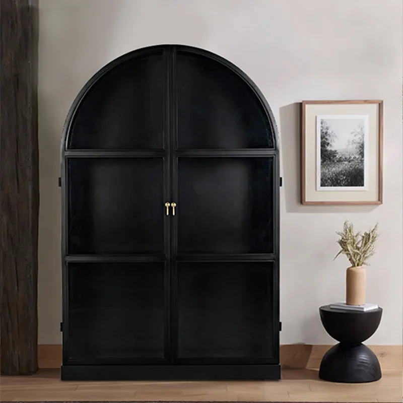 American retro arched solid wood bookcase French glass door wine cabinet locker Nordic side cabinet black decorative cabinet