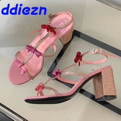 Fashion Bling Square Heels Pumps Shoes For Women 2024 Female Butterfly-Knot Footwear Ankle Strap Ladies High Heels Shoes