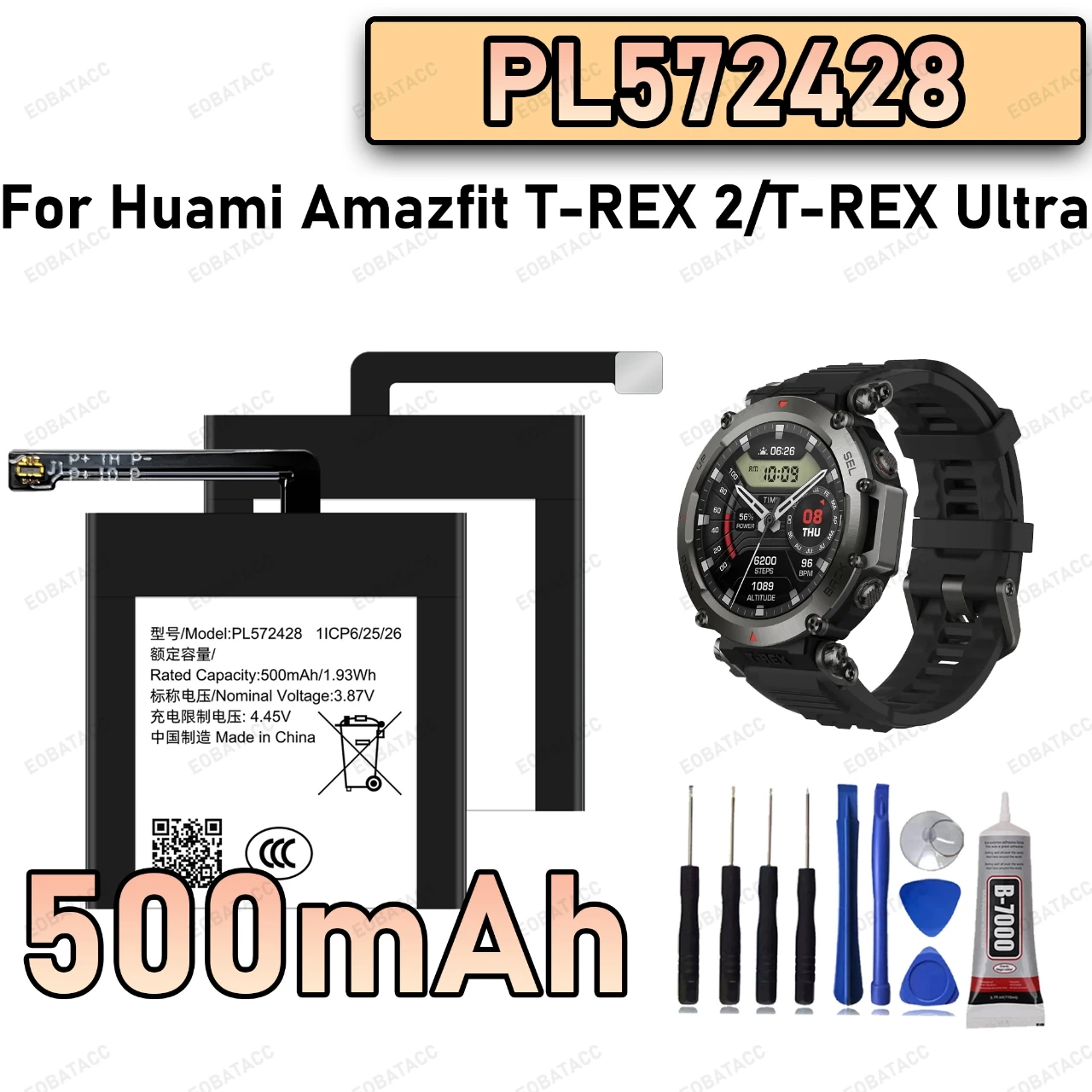 100% New Zero Cycle PL572428 Battery For Huami Amazfit T-REX 2/T-REX Ultra Smart Watch Bateria +Free Tools