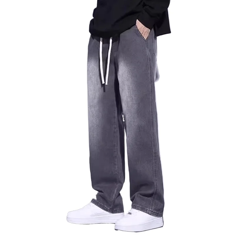 

2025 New Black Fleece-Lined Pants for Men, Winter Straight-Leg Loose American-Style Jeans, Youth Long Pants Trend