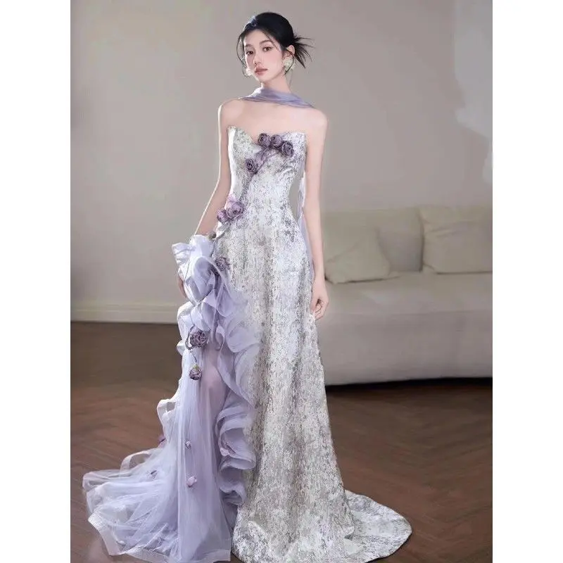 Woman's Purple Strapless Robe Ultra Fairy Design Wedding Bridal Engagement Dress Toasting Dress Annual Meeting Host Dress