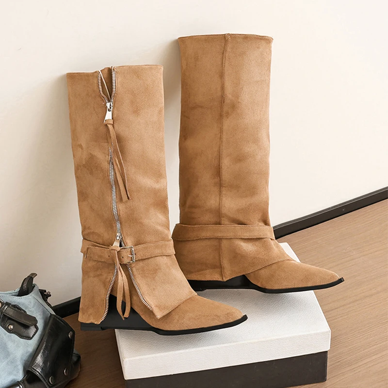 مصمم الركبة عالية الأحذية النسائية أسافين أحذية أنيقة عالية الكعب أحذية طويلة شتاء 2025 امرأة فستان مضخات الجلد المدبوغ الثلوج بوتاس موهير