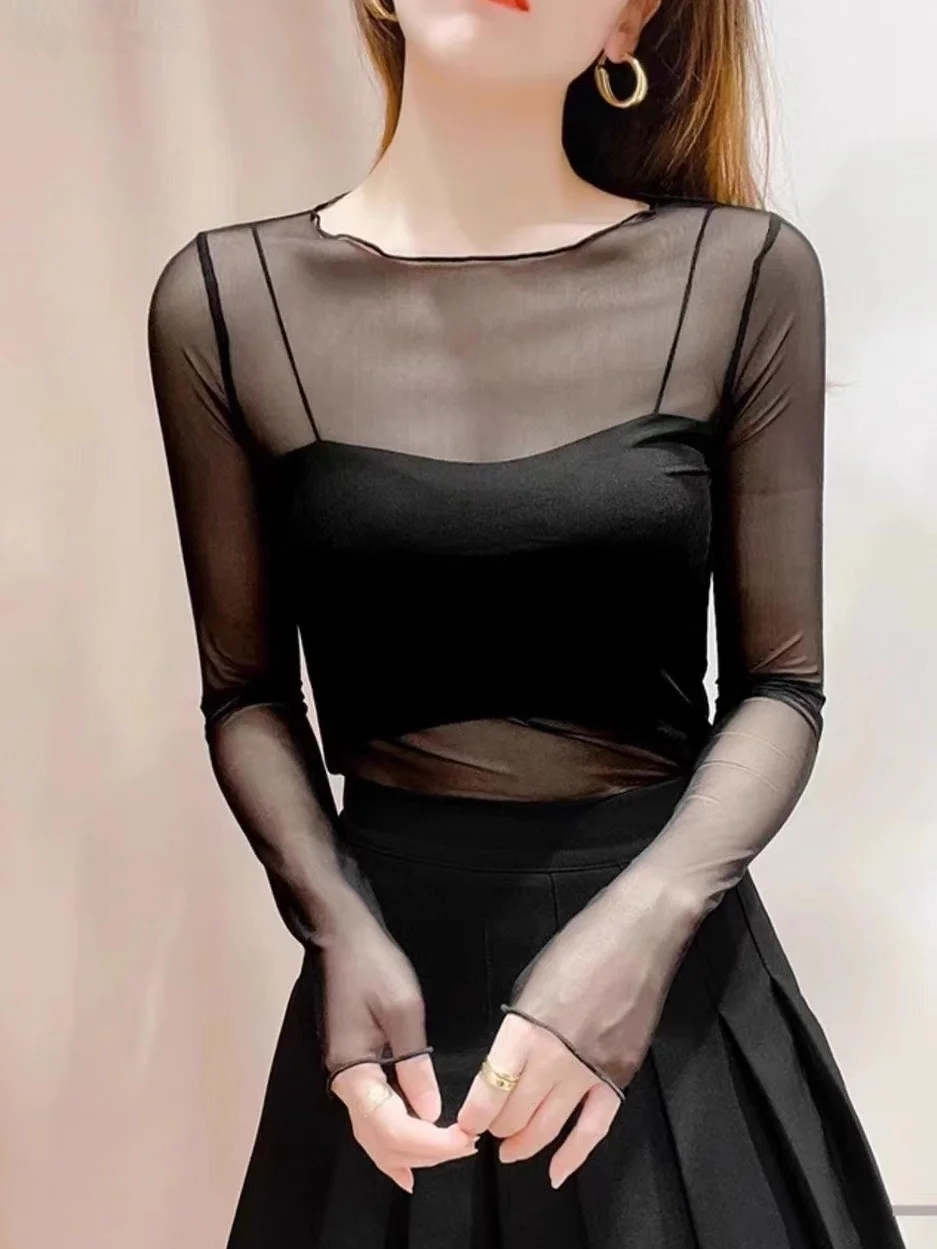 Summer Ultra-Thin Long Sleeve Lace T-Shirt Women's Sunscreen Mesh Underwear Top Transparent Commute Style Regular Length