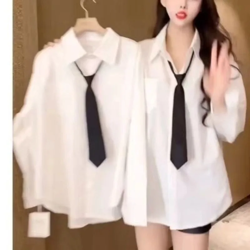 

Ladies Fashion Loose Simplicity Lacing Turn-down Elegant Trend Women Shirts Solid Color Buttons Tie Shirt Design Sense Long Sle