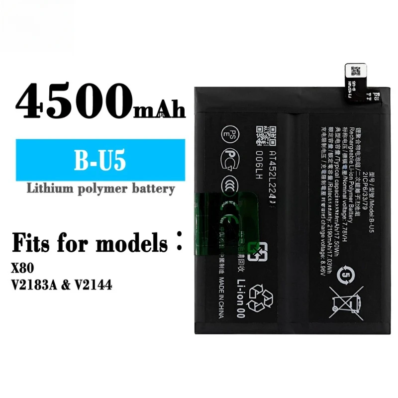 Bateria recentemente atualizada de 4500mAh B-U5 para Vivo X80 V2183A V2144 Baterias de substituição de alta capacidade para celular + ferramentas