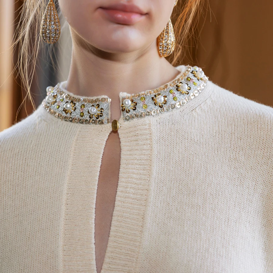 

Handmade Knitted Woolen Sweater with Sequin Beads in Nude Color Spring 2025 Faion Heavy Embelliment Cowl Ne Wrap Sle