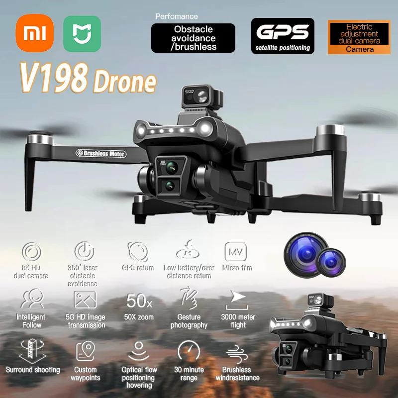 Dron V198 GPS para Xiaomi con cámara HD profesional 8k 5G WiFi evitación de obstáculos flujo óptico cuadricóptero plegable sin escobillas