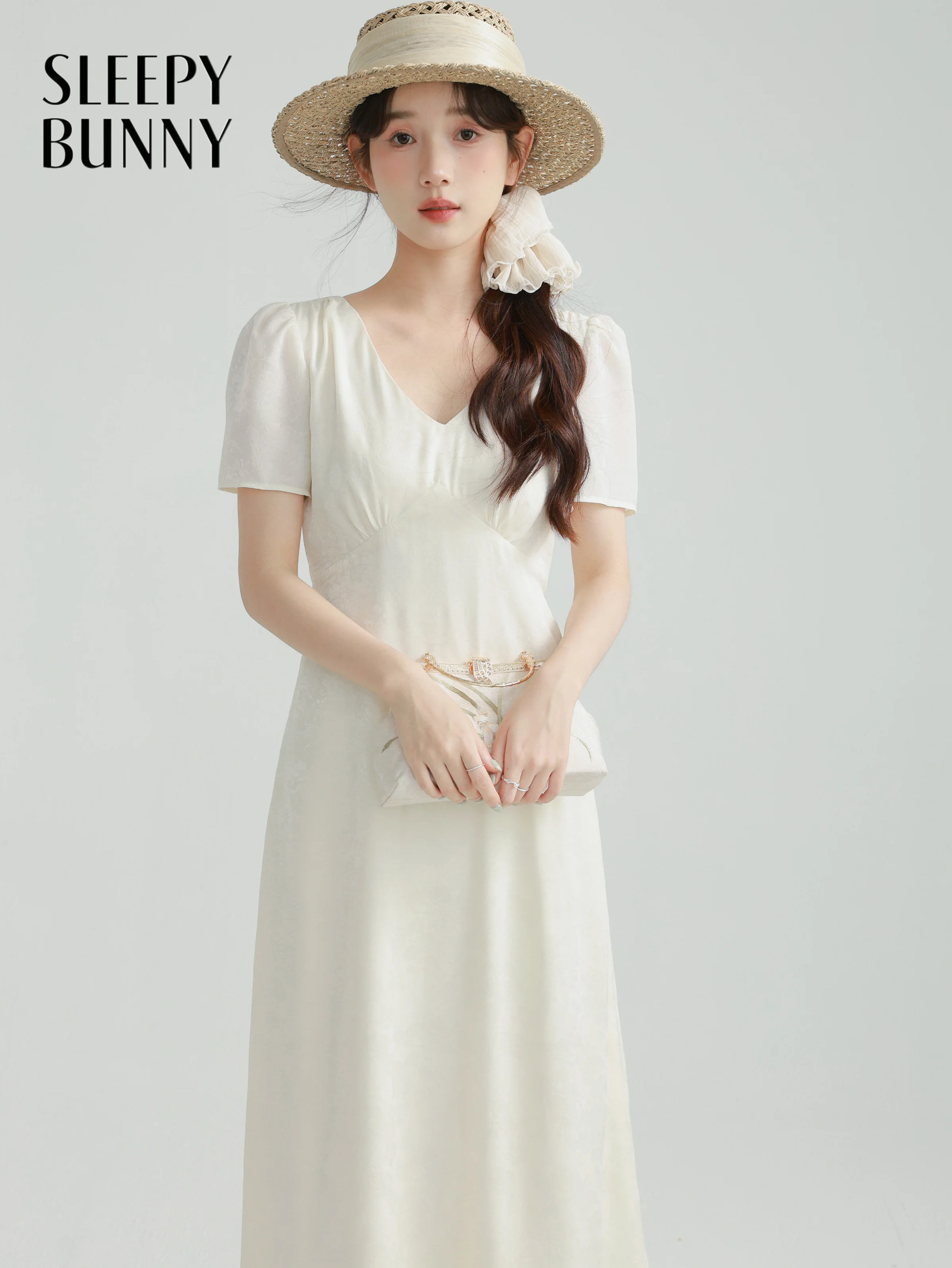 ชุดเดรสผ้าซาตินลายแจ็คการ์ด คอวี แขนสั้น เอวสูง ทรงเอ สไตล์ลำลอง สำหรับงานปาร์ตี้และงานกลางคืน