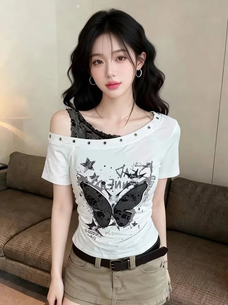 

Design Sensation Fake Two-Piece Hole Short Sleeve T-Shirt Women Summer New American Hot Girl One-Shoulder Top Korean Style St...