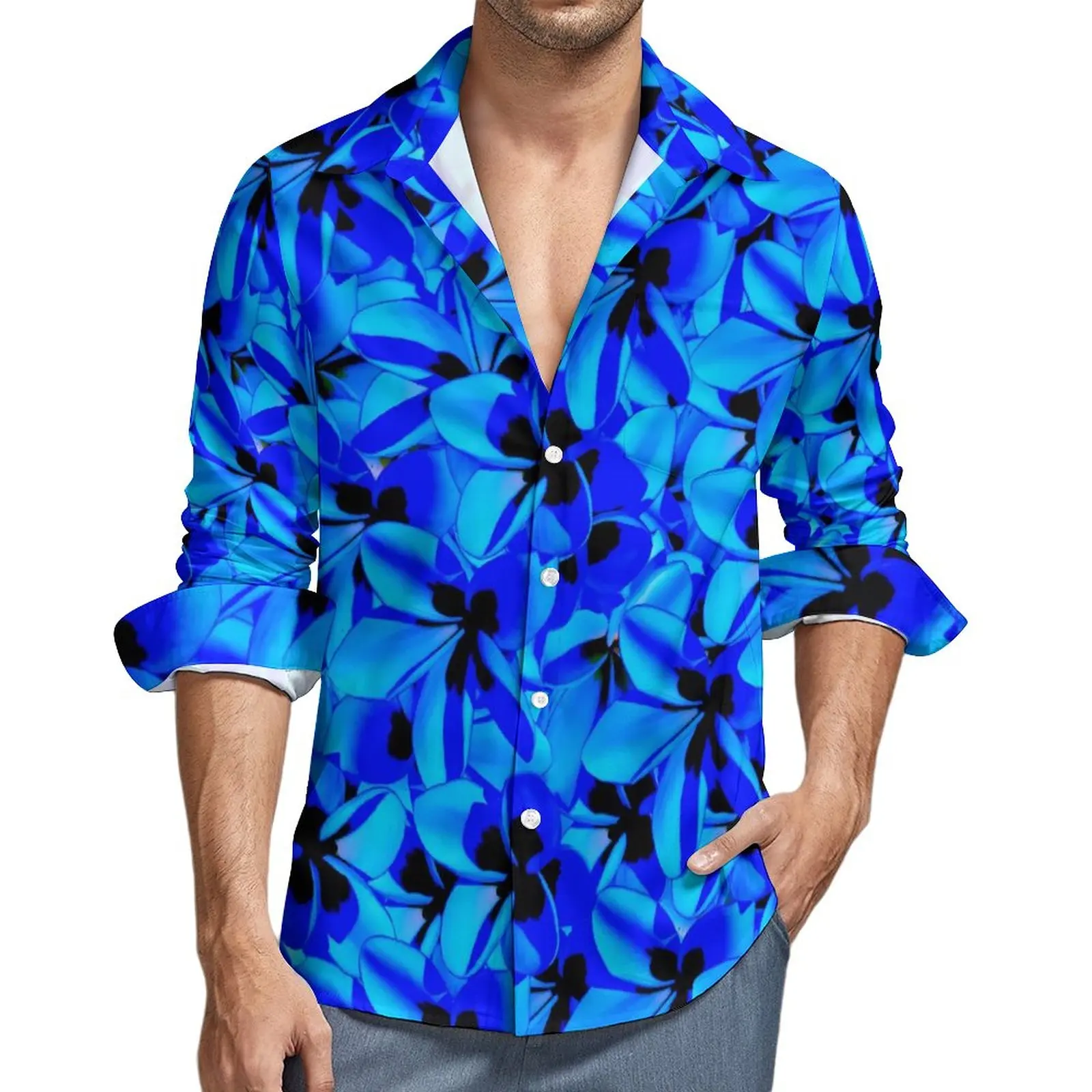 

Tropical Floral Shirt Autumn Blue Flowers Casual Shirts Male Vintage Blouses Long Sleeve Custom Funny Top Plus Size