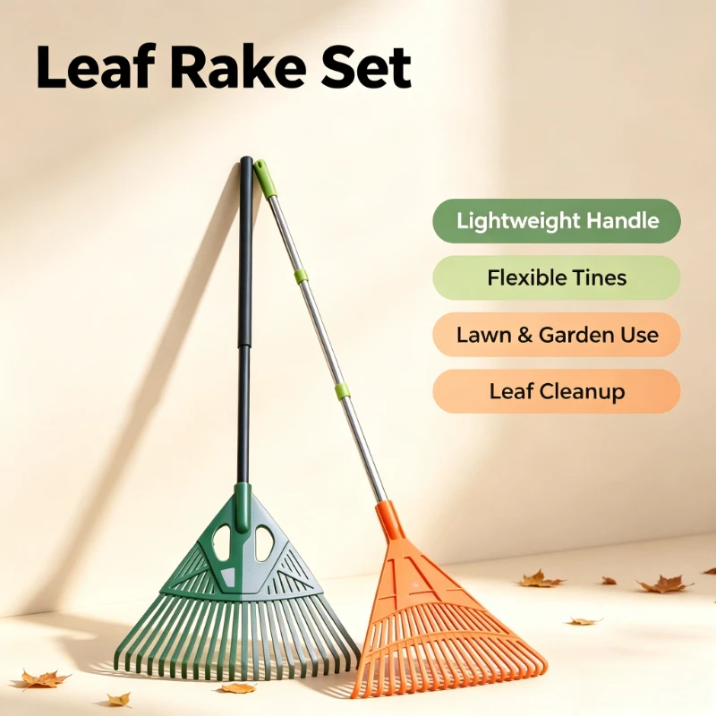 1PC Stainless Steel Garden Leaf Rake Long Wooden Handle Grass Rake for Lawn Dead Leaf Cleaning Outdoor Gardening Tool