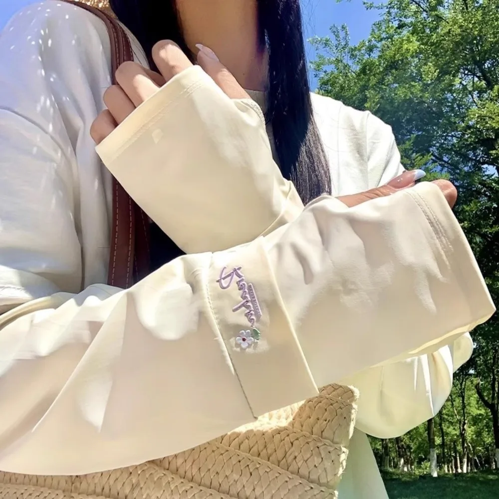 

Flower Embroidered Long Ice Silk Sleeves Loose Arm Protection Sunscreen Arm Covers Anti-UV UV Insulation Cycling Gloves Driving