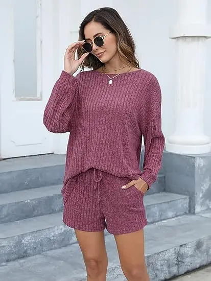 

Casual Loose Solid Knit Two Piece Sets Women Suit Loose Round Neck Long Sleeve Knit Tops Shorts Pants Suit Women