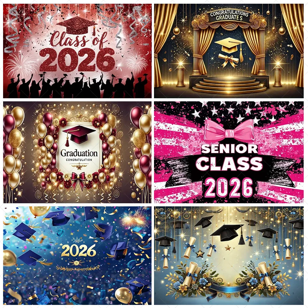 

Class Of 2026 Graduation Celebration Background Diploma Academic Caps Backdrop Graduation Party Decorations Photography Props