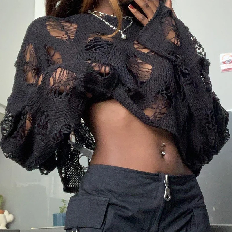 BKLD Goth Ragged Hole Irregular Sweater Y2K Long Sleeve O Neck Loose Pullover See-through Crop Tops Hottie Rave Party Streetwear
