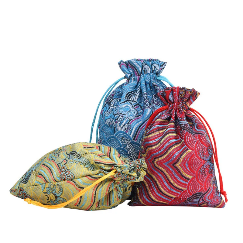 50pcs/lot 8*10, 10*14, 13*18, 15*20cm Chinese Vintage Jacquard Brocade Drawstring Gift Storage Pouches Wedding Party Packing Bag