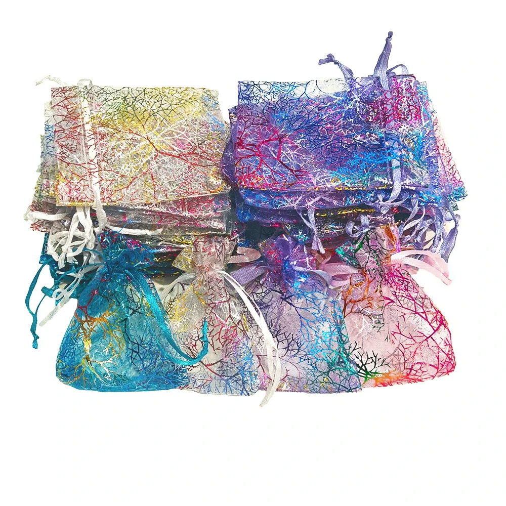 25/50/100 unids/lote bolsa de regalo de Organza embalaje de joyería bolsa con cordón multi-tamaño colorido Coral impresión fiesta boda bolsa de dulces