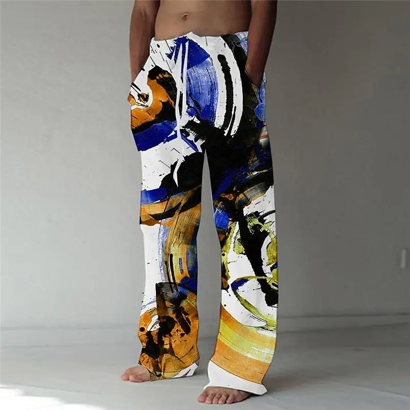 New Chinese Ink Wash Basic Casual Loose Pants For Men's New Summer Seaside Travel Personalized Straight Leg Pants WR6