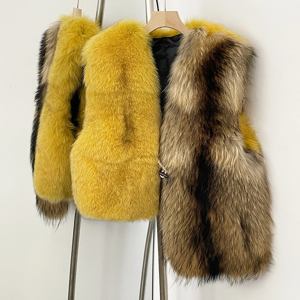 OFTBUY Giacca in pelliccia naturale Cappotto in pelliccia di volpe abbinata ai colori femminili Gilet senza maniche in vera pelliccia di procione Gilet spesso caldo