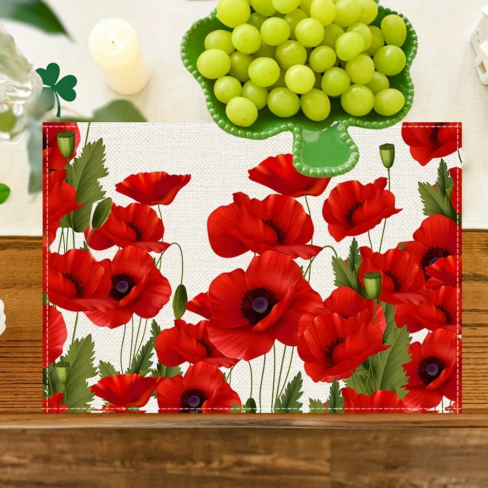VIKAMA Red Poppy Floral Square Placemat Non Slip Waterproof Heat Resistant Dining Table Mat for Holiday Party Decor