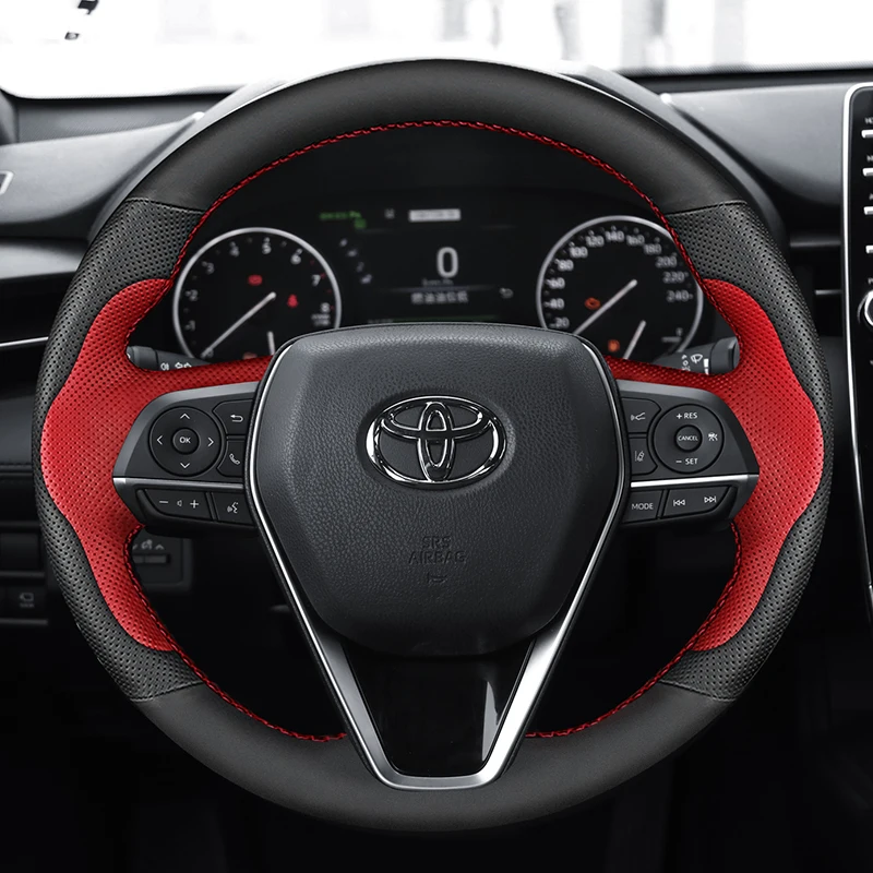 Ręcznie szyty antypoślizgowy czarny czerwony skórzany pokrowiec na kierownicę do Toyota Avalon Camry Crown 2018-2019 Corolla 2018-2020
